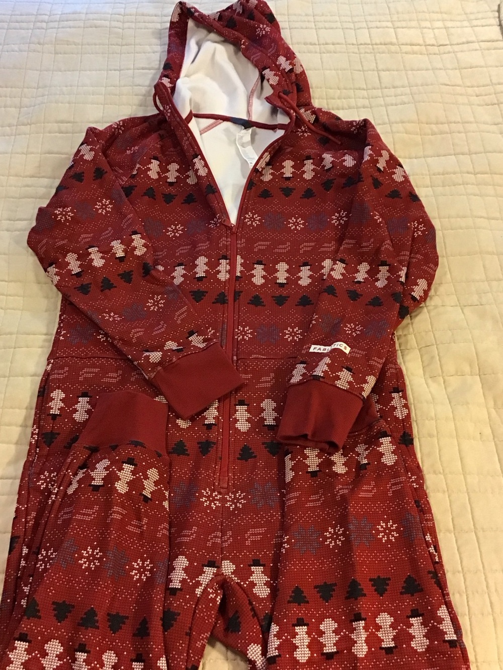 Fabletics Fleece Red Hooded Holiday Zip Front Onesie